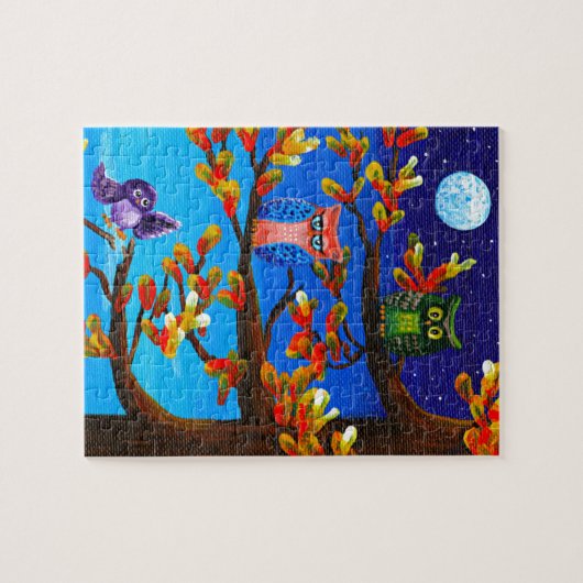 Funny Owls Whimsical Forest Art Creationarts Puzzle (Horizontal)