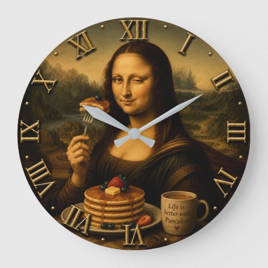 Funny Pancake Mona Lisa Große Wanduhr (Vorderseite)