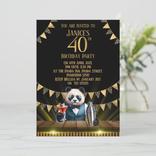 Funny Panda 40th Birthday Party Invitation Einladung (Stehend Vorderseite)