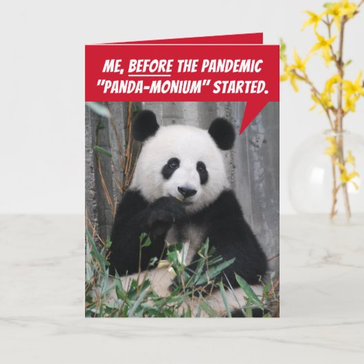 Funny Panda Before and After Pandemic Karte (Gelbe Blume)