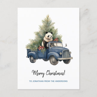 Funny Panda in Blue Retro Truck Xmas Feiertagspostkarte