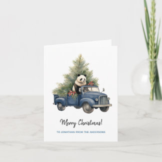 Funny Panda in Blue Retro Truck Xmas Karte