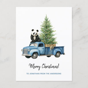 Funny Panda in Blue Vintag Truck Weihnachten