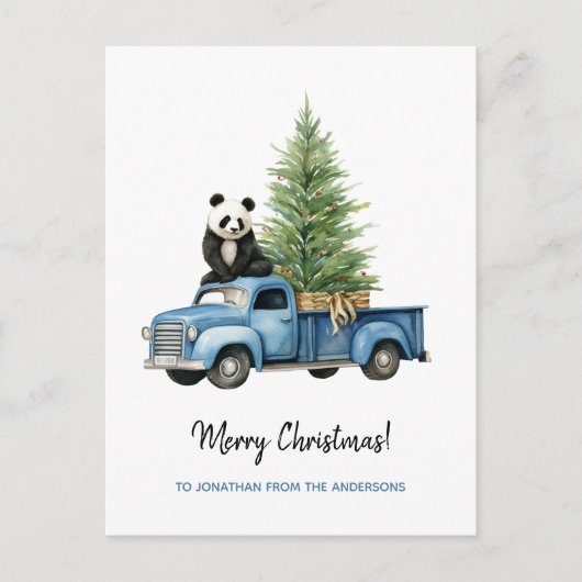 Funny Panda in Blue Vintag Truck Weihnachten (Vorderseite)