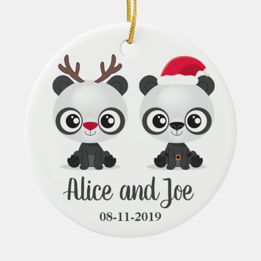 Funny Pandas custom names and date Keramik Ornament (Vorne)