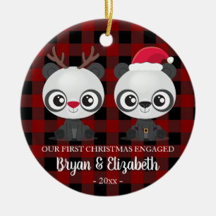 Funny Pandas erste Weihnachten verlobten karierten Keramik Ornament