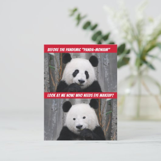 Funny Pandemic Panda Monium Vor und nach Postkarte (Stehend Vorderseite)