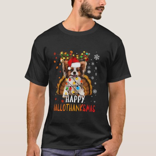 Funny Papillon Dog Happy Hallothanksmas Family Xma T-Shirt (Vorderseite)