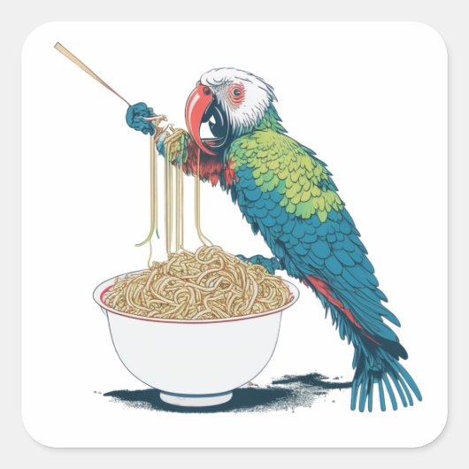 Funny Parrot Eating Ramen Noodles Quadratischer Aufkleber (Vorderseite)