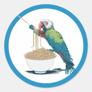 Funny Parrot Eating Ramen Noodles Runder Aufkleber