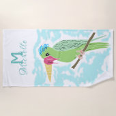 Funny Parrot mit Ice Creme Monogram Name Strandtuch (Vorderseite)