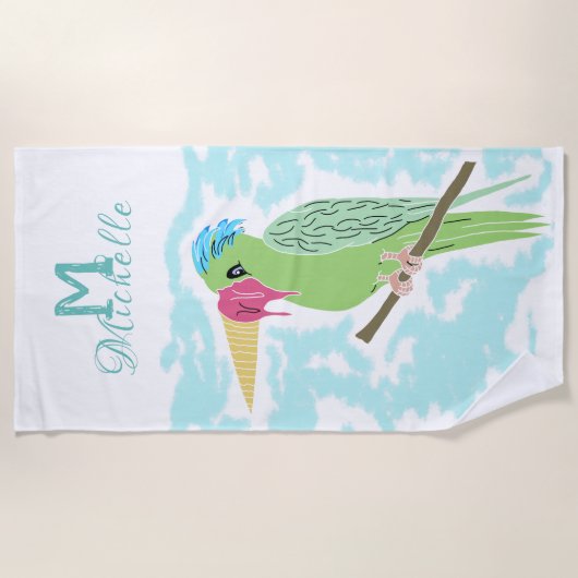 Funny Parrot mit Ice Creme Monogram Name Strandtuch (Vorderseite)