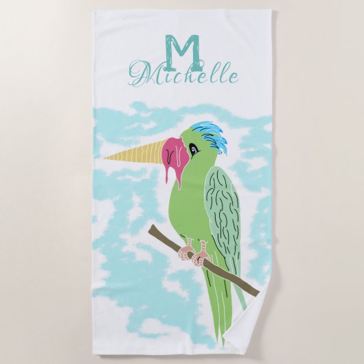 Funny Parrot mit Ice Creme Monogram Name Strandtuch (Vorderseite)