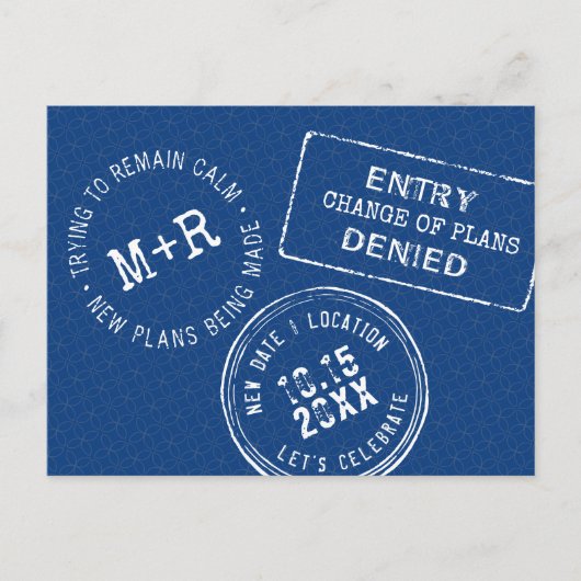 Funny Passport Briefmarke Hochzeit ändern Datum Ankündigungspostkarte (Vorderseite)