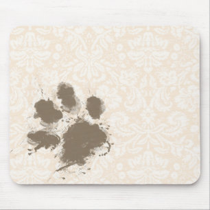 Funny Paw Print on Antique White Damask Mousepad