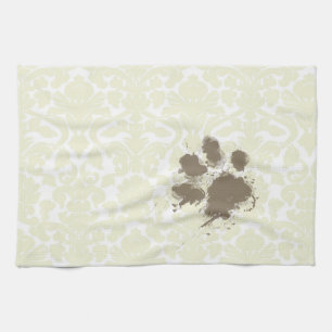 Funny Paw Print on Ivory Damask Pattern Geschirrtuch