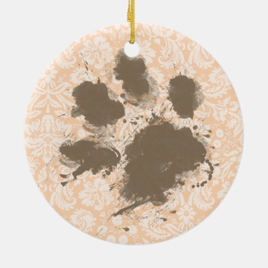 Funny Paw Print on Light Apricot, Peach Damask Keramikornament (Hinten)