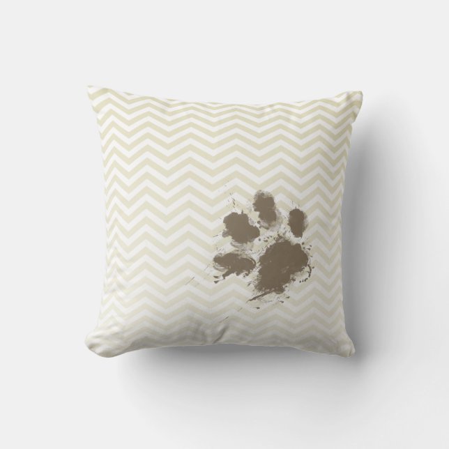 Funny Pawprint auf Beige Zickzack; zig zag Kissen (Vorderseite)