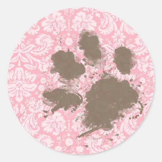 Funny Pawprint auf Blase Gum Pink Damask Runder Aufkleber (Vorderseite)