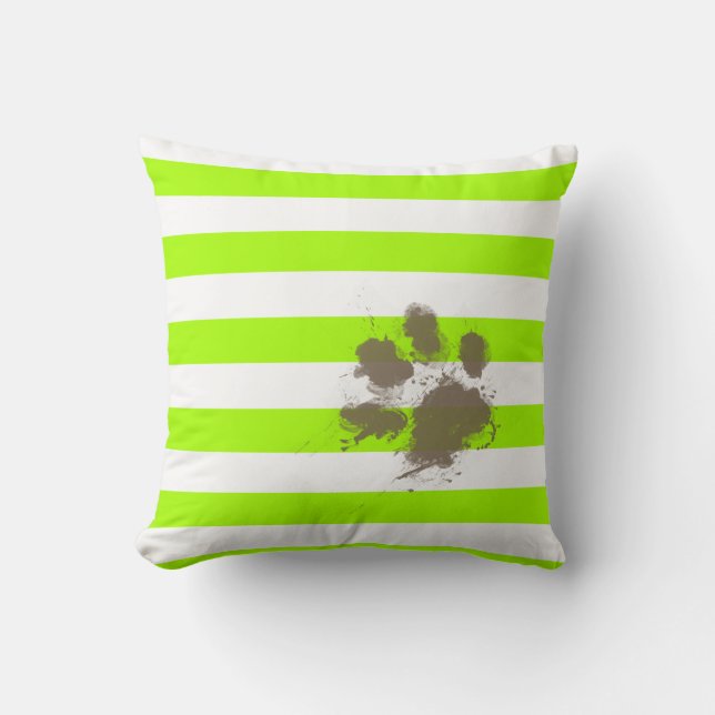 Funny Pawprint auf Electric Lime Green Stripes Kissen (Vorderseite)