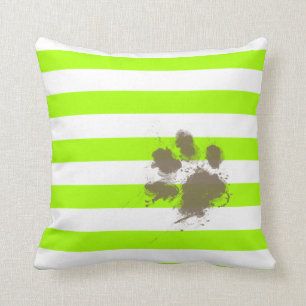 Funny Pawprint auf Electric Lime Green Stripes Kissen