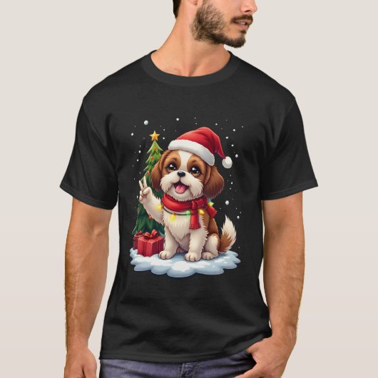 Funny Peace Hand Shih Tzu Christmas Lights Womens  T-Shirt (Vorderseite)