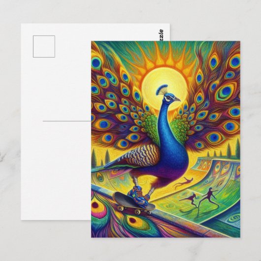 Funny Peacock Skateboard Postkarte (Vorne/Hinten)