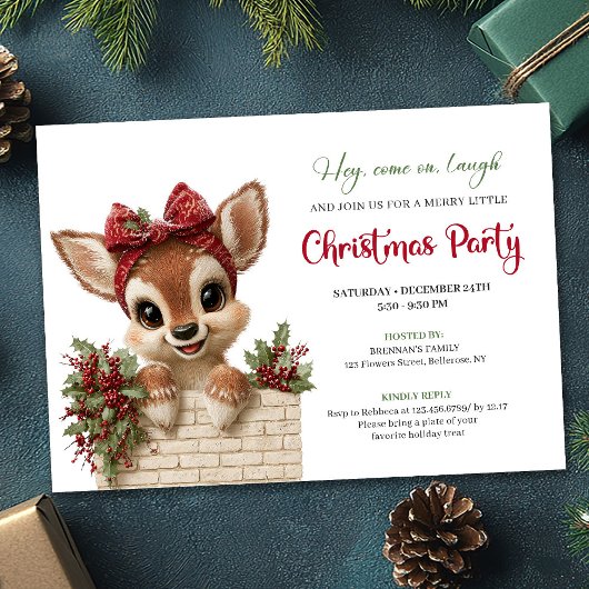Funny peeking reindeer holiday kids party invites einladung