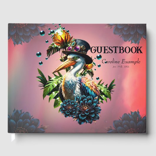 Funny pelican mit Steampunk-Hut und tropischem Fan Gästebuch (Vorderseite)