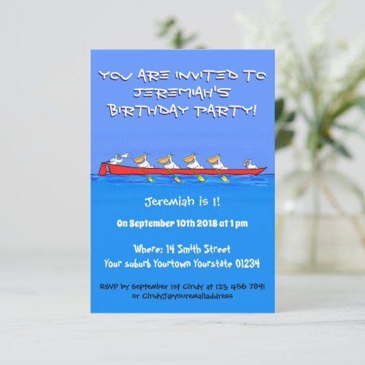 Funny pelicans ruderender Cartoon Einladung (Stehend Vorderseite)