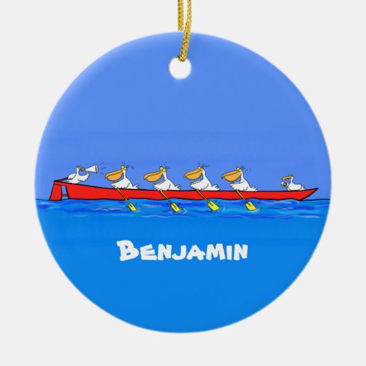 Funny pelicans ruderender Cartoon Keramik Ornament (Vorne)