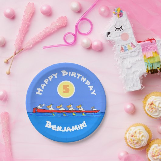 Funny pelicans ruderender Cartoon Pappteller (Party)