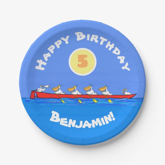 Funny pelicans ruderender Cartoon Pappteller (Vorderseite)