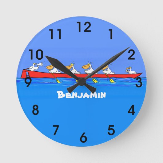 Funny pelicans ruderender Cartoon Runde Wanduhr (Vorderseite)