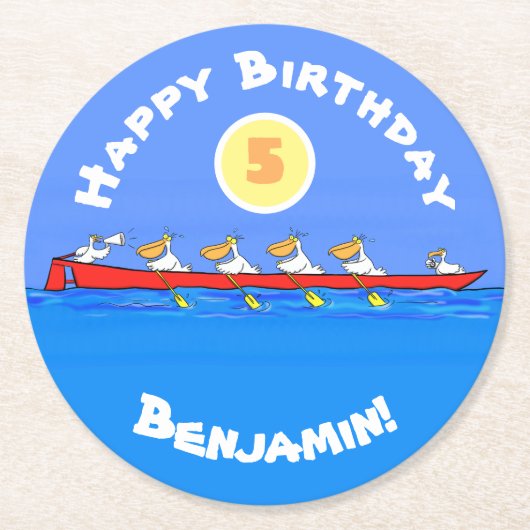 Funny pelicans ruderender Cartoon Runder Pappuntersetzer (Vorderseite)