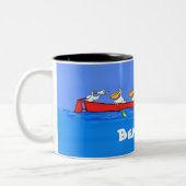 Funny pelicans ruderender Cartoon Zweifarbige Tasse (Links)
