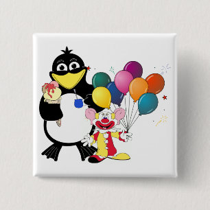 Funny penguin & clown cartoon button