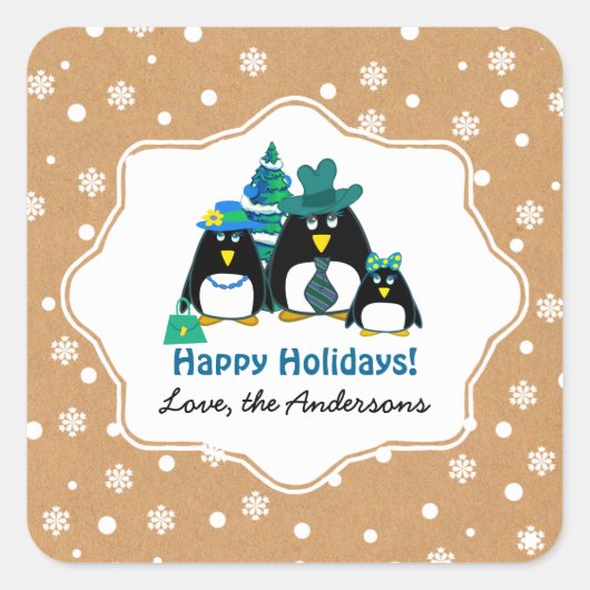 Funny Penguin Familie Custom Weihnachtskleber Quadratischer Aufkleber (Vorderseite)