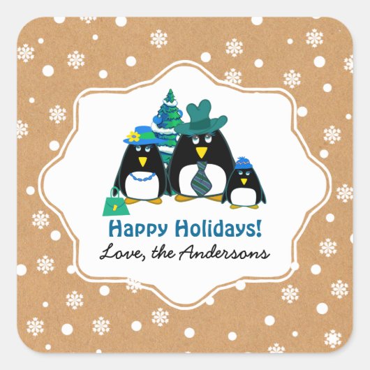 Funny Penguin Family Custom Christmas Quadratischer Aufkleber (Vorderseite)