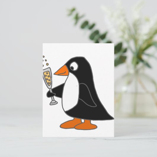 Funny Penguin mit Champagner Postkarte (Stehend Vorderseite)