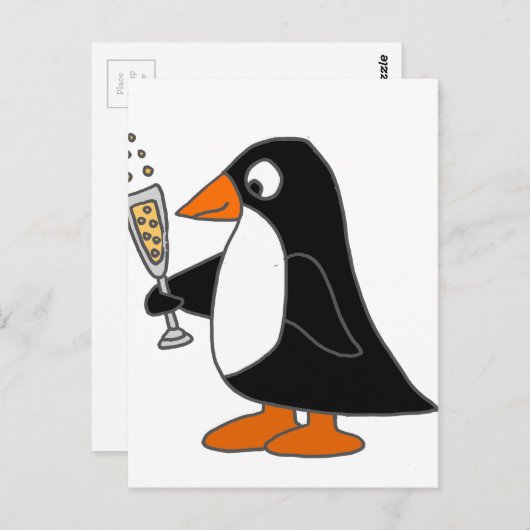 Funny Penguin mit Champagner Postkarte (Vorne/Hinten)