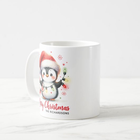Funny Penguin mit Lichtern Moderne frohe Weihnacht Kaffeetasse (Vorderseite Links)