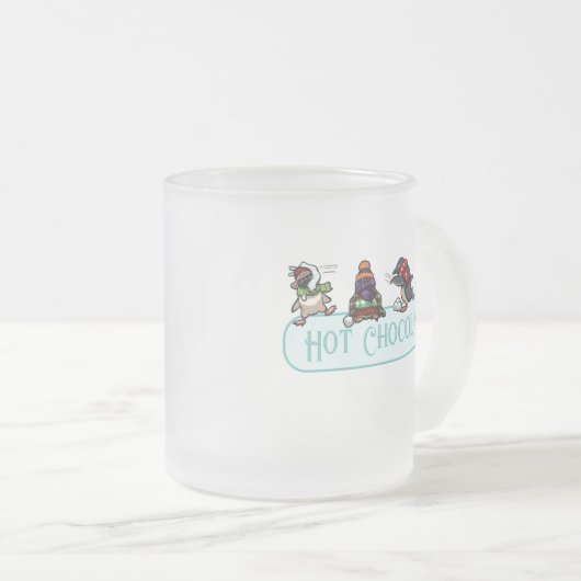 Funny Penguins Hot Chocolate Snowballing Cartoon Mattglastasse (VorderseiteRechts)