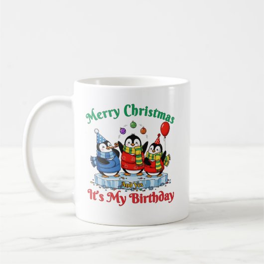 Funny Penguins, Merry Christmas Birthday Kaffeetasse (Links)