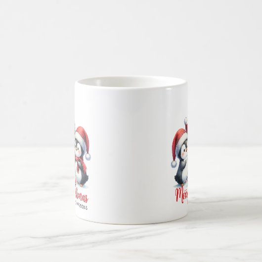 Funny Penguins Weiß und Rot Frohe Weihnachten Kaffeetasse (Mittel)