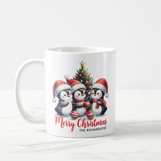 Funny Penguins Weiß und Rot Frohe Weihnachten Kaffeetasse (Links)