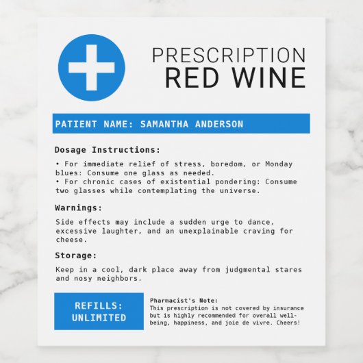 Funny Personalisiert Blue Prescription Weinetikett (Einzelnes Label)
