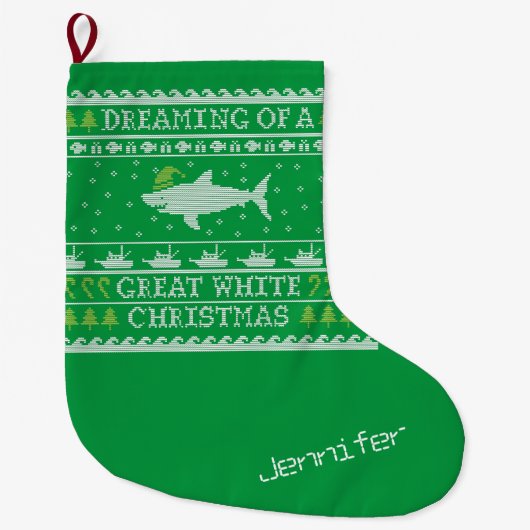 Funny Personalisiert Dreaming of Great White Shark Großer Weihnachtsstrumpf (Vorderseite)