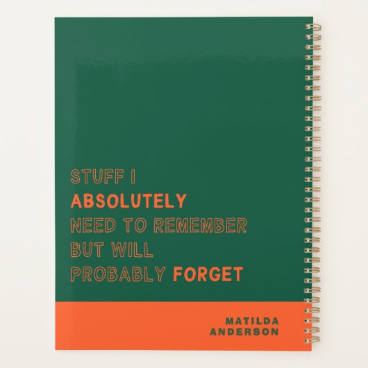 Funny Personalized Modern Green Orange Custom Name Planer (Rückseite)