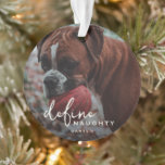 Funny Pet definieren naughty Christmas Ornament<br><div class="desc">Funny Pet Foto Weihnachtsfeiertag Ornament. Design-Features,  ein Foto Ihres Hundes oder Ihrer Katze,  ein Gesamtbild,  der Text "DEFINE NAUGHTY",  und Haustiere Namen/s.</div>